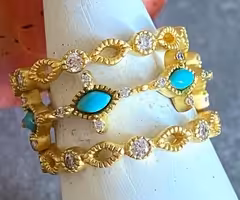 FREIDA ROTHMAN 3 RINGS STACKABLE STERLING SILVER GOLD PLATED, CZ, TURQ